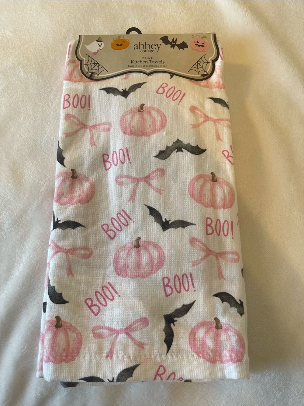 Abbey Cottage Halloween Pumpkin & Bat Kitchen Towels - Pink & Black